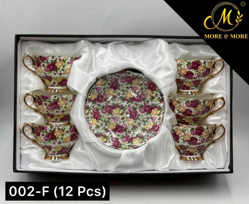 Elegant pink floral tea cups with matching saucers
