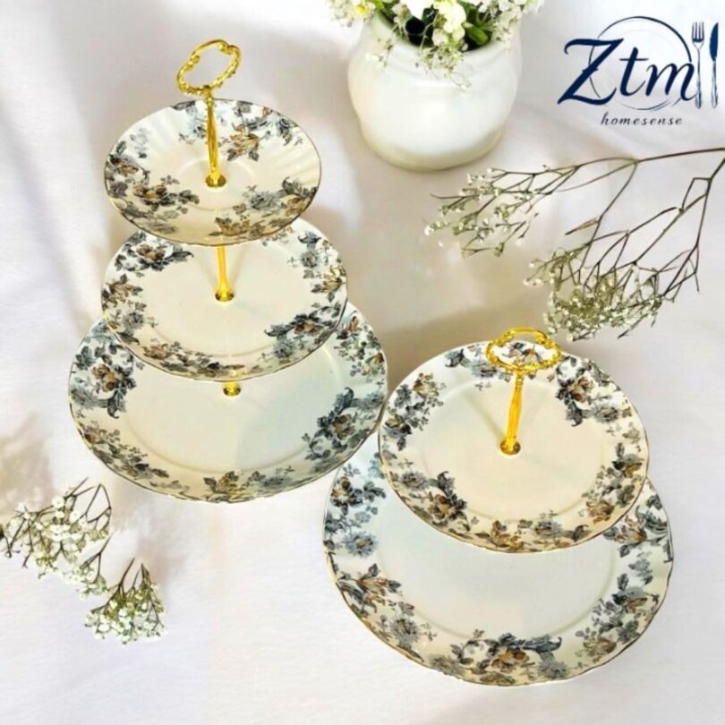 Elegant grey floral 3 tiers platter