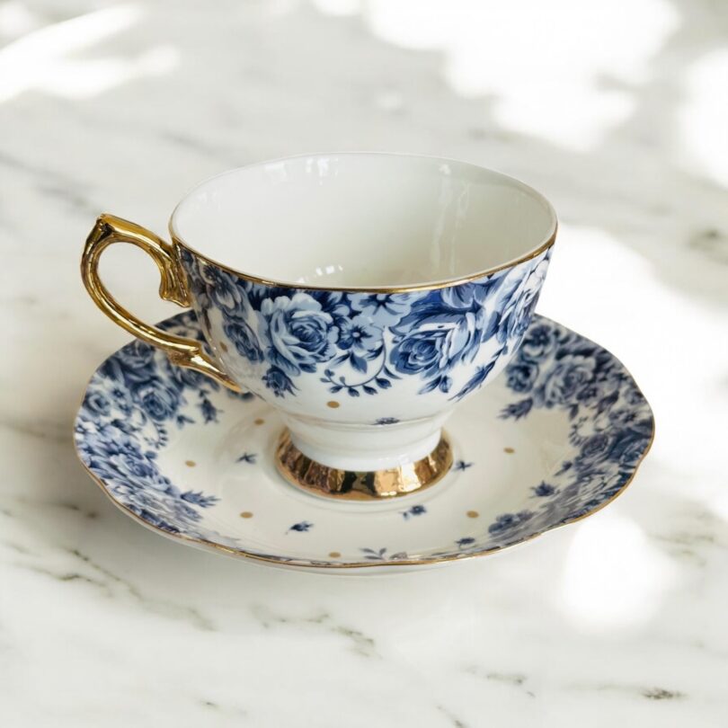 Elegant blue floral tea cups with matching saucers - Image 2