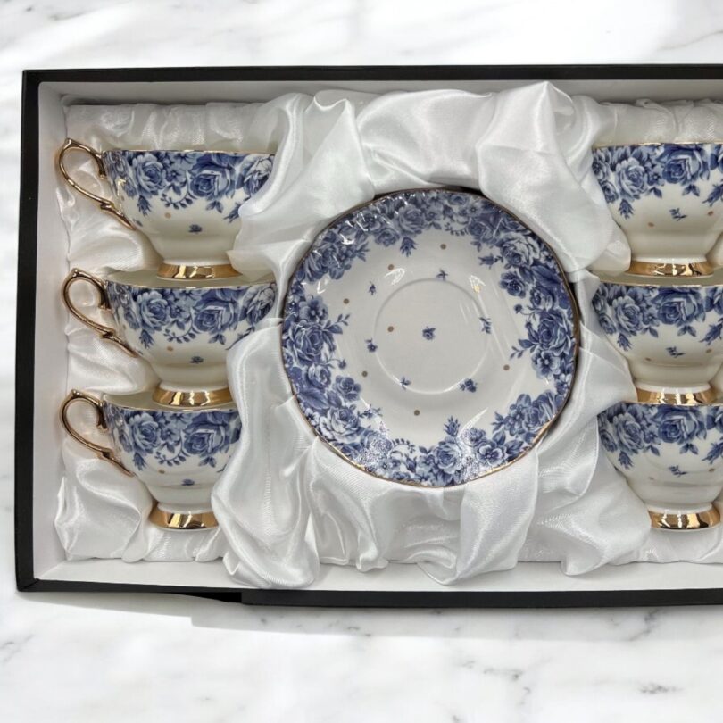 Elegant blue floral tea cups with matching saucers - Image 4