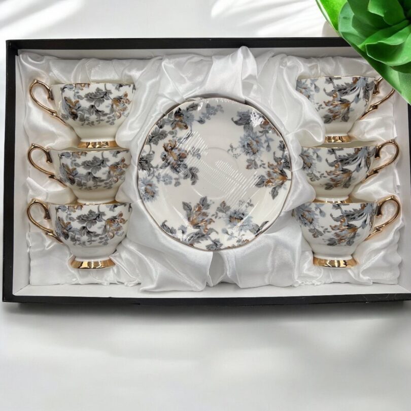 elegant grey tea cups with matching saucers