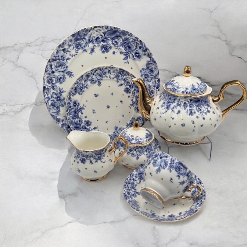 Vintage style blue 24- PCs tea set with English charm