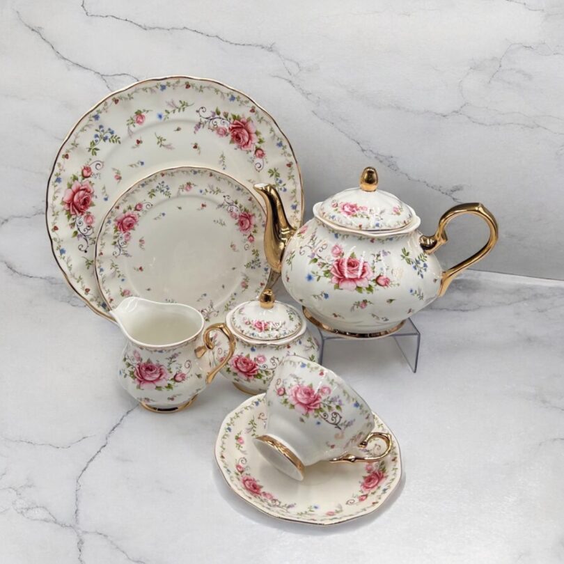 Vintage style pink floral 24 Pcs tea set with English charm